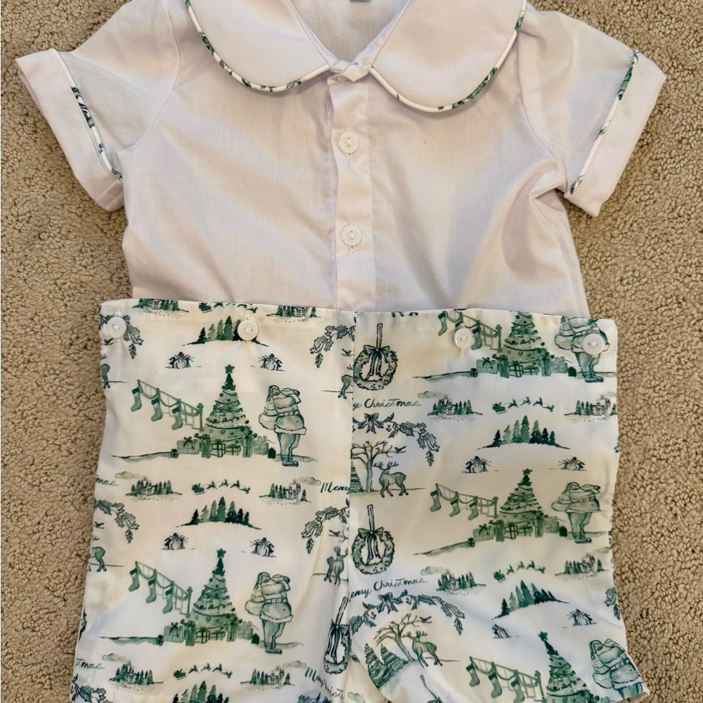 Ann + Reeves Christmas Toile White and Green Printed Baby Boy Outfit - 9 Months